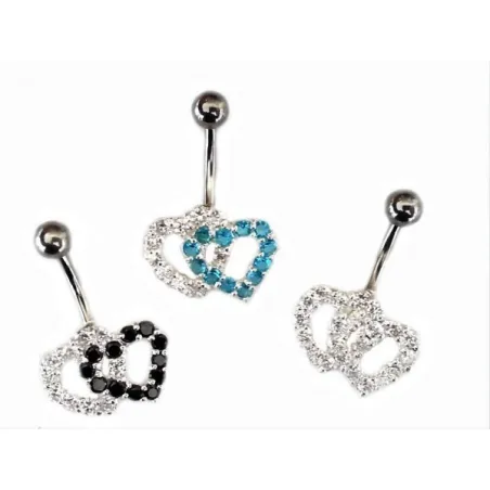 piercing de nombril double coeur en argent avec un tige en acier chirurgicale.- bijouxbijoux.h